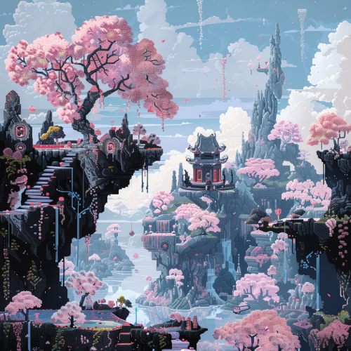 Whimsical fantasy landscape pixel art