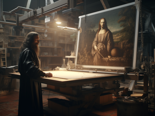Leonardo da Vinci observing 3D Printing Machine