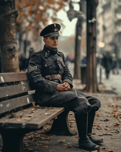 German officer in black parade uniform sitting in Berlin