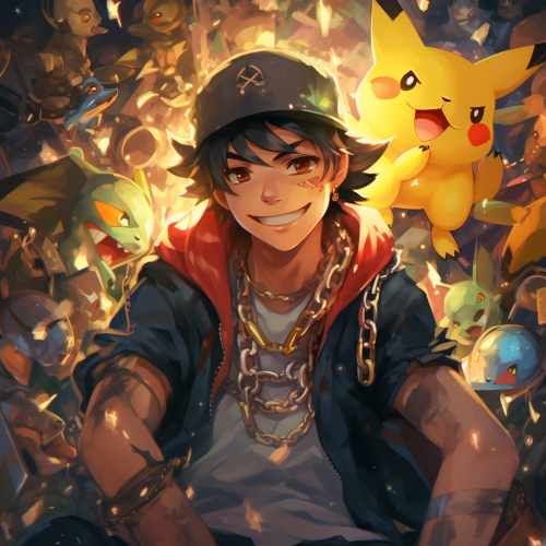 Ash Ketchum wearing gold chains and smiling