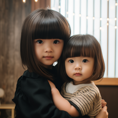 Asian girl with bangs haircut holding her baby brother Asian girl with bangs haircut holding her baby brother