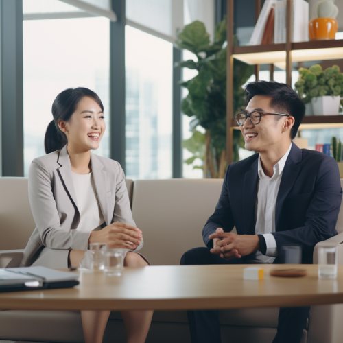 Asian lady interviewing young male in office Asian lady interviewing young male in office