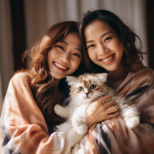 Asian Women with Cat and Dog, Happy Mood Asian Women with Cat and Dog, Happy Mood