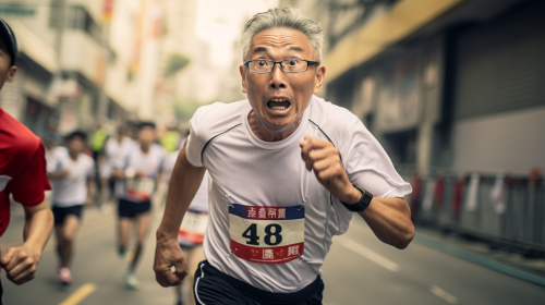 Asian man running marathon with name tag 52