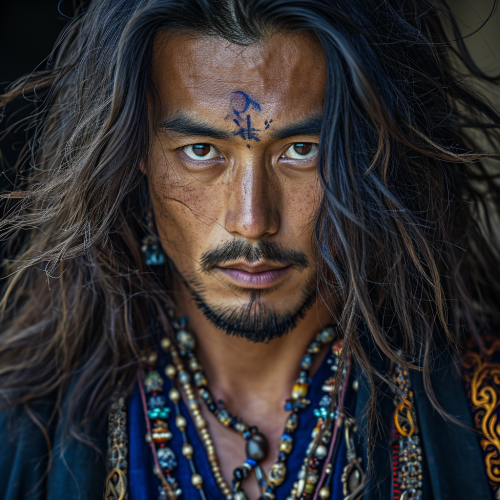 Asian nomadic man with long hair and vintage garments