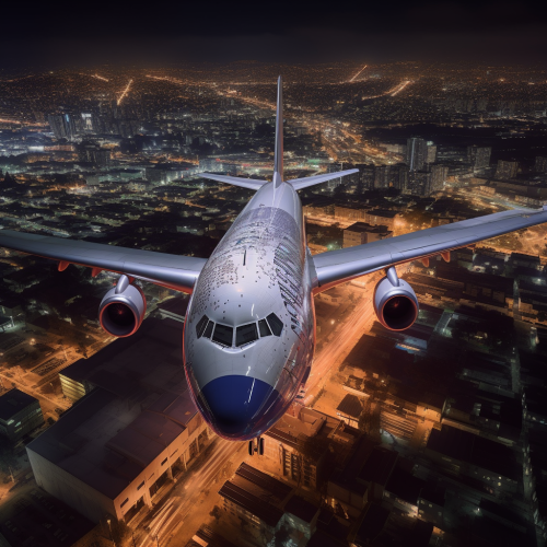 Eye-level view of commercial aircraft illuminated by city lights