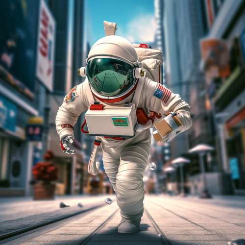 Astronaut character running in city holding mail envelope