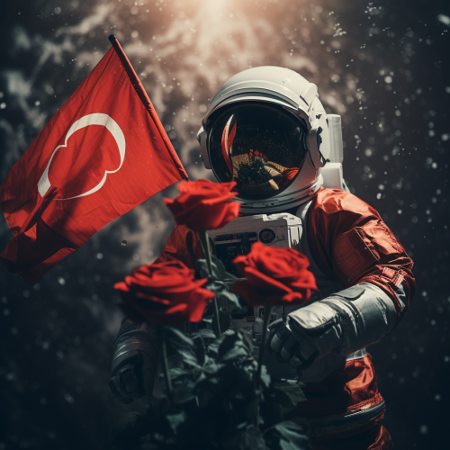 Astronaut holding red giant peony Turkish flag Astronaut holding red giant peony Turkish flag
