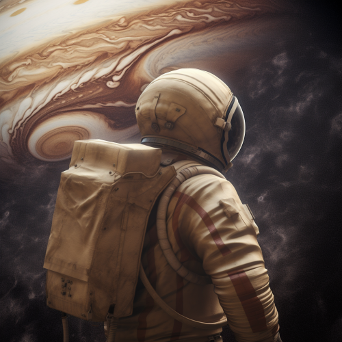 Astronaut exploring near planet Jupiter