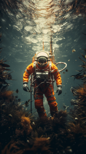 Astronaut swimming in the ocean