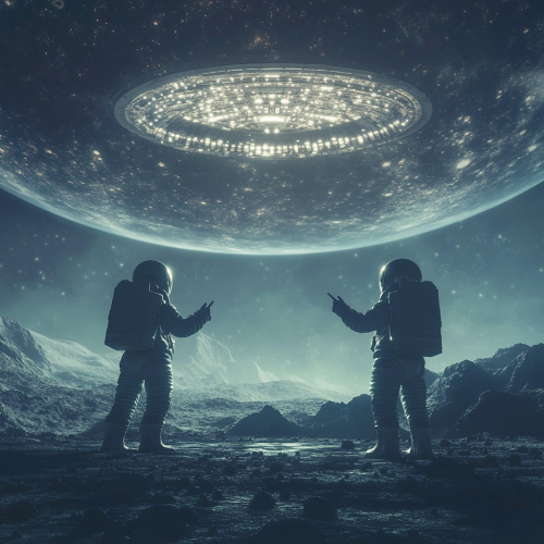 Astronauts pointing at spaceship moon Astronauts pointing at spaceship moon