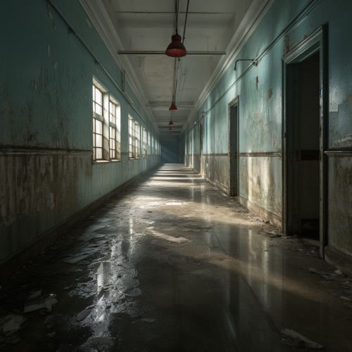 Abandoned asylum hallway with eerie atmosphere Abandoned asylum hallway with eerie atmosphere