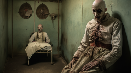 Insane patient in straightjacket with jester makeup Insane patient in straightjacket with jester makeup