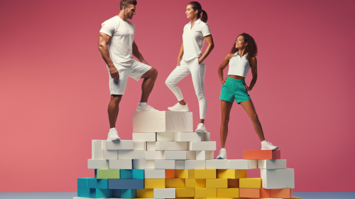 Three athletes on stacked white boxes