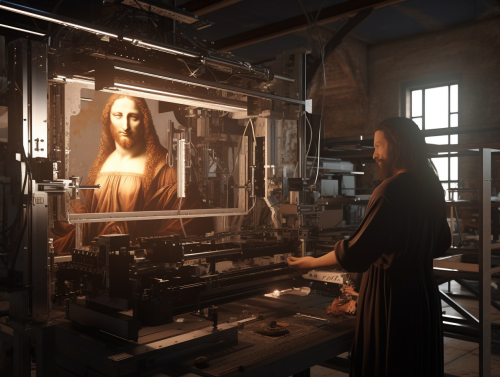 Leonardo da Vinci observing 3D printing