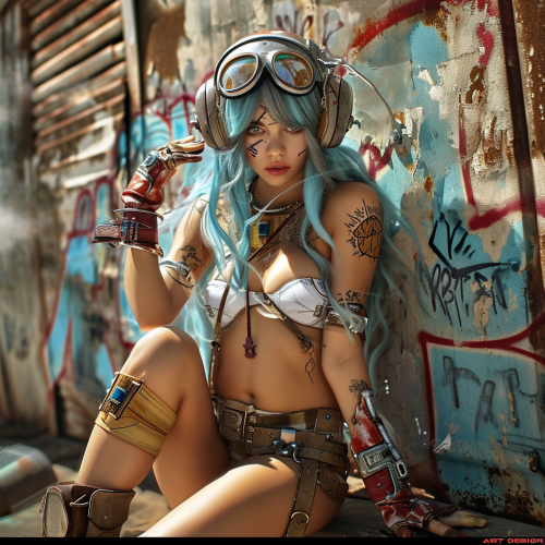 Aviatrix girl with graffiti in city