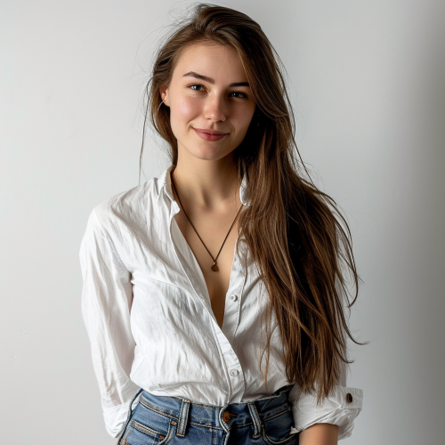 Smiling confident female model in casual attire