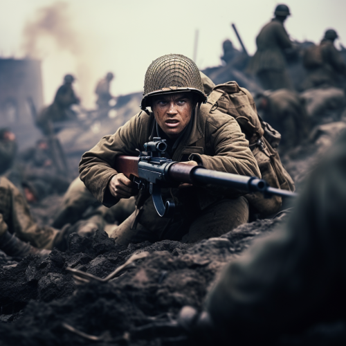 Audie Murphy shooting a machine gun in battle