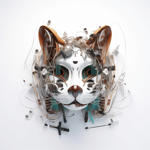 Cat face with audio cables and musical instruments