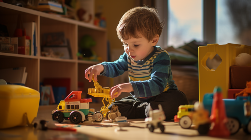 Autistic boy happily playing with toys