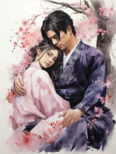 Couple in Hanfu under Cherry Blossom Tree