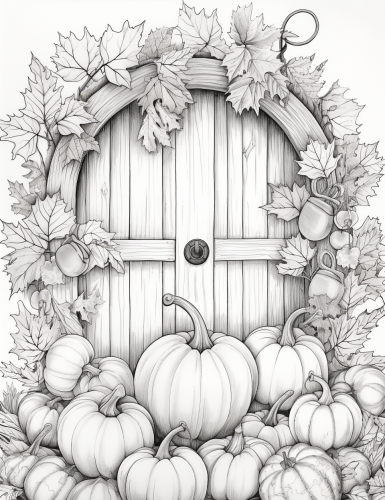 Round wreath on wooden door with autumn leaves