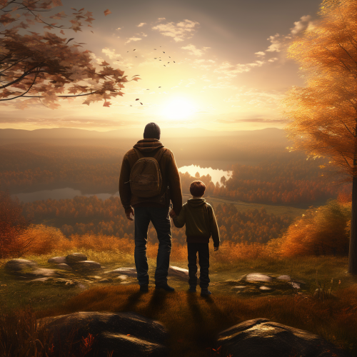 Father and son walking in autumn woods Father and son walking in autumn woods
