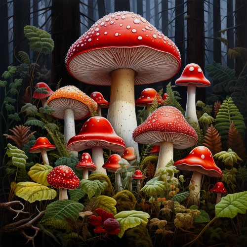 Colorful autumn forest with leafy floor and toadstools