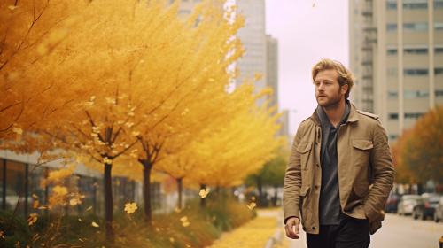 Man using asthma inhaler while walking in Chicago