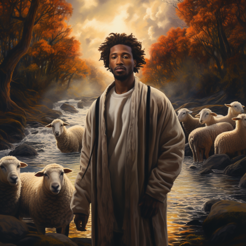 Melanated Jesus leading sheep by an autumn stream