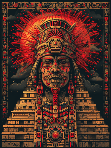 Aztec pyramid with intricate glyphs and sun rays