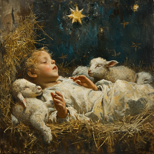 Baby Jesus in the Stable with Lambs
