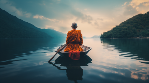monk meditating on rowboat lake