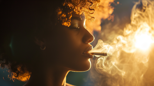 African woman blowing cigarette smoke