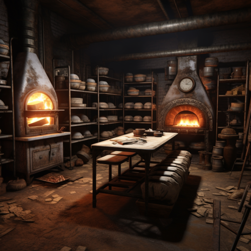 Old furniture stored inside a bakery with a furnace