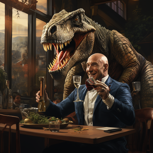 Bald man with T-Rex dinosaur in wine bar