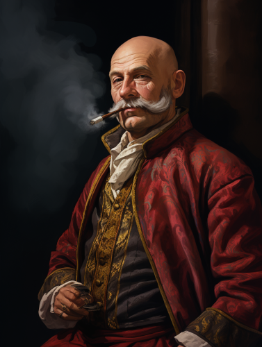 Bald man with smoking pipe and forked beard