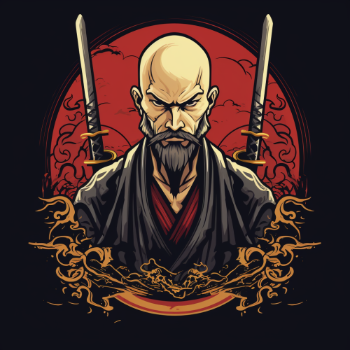 Bald shogun samurai with beard and sword