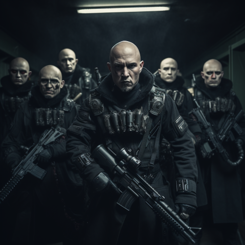 Bald combat cyborgs wielding heavy weapons