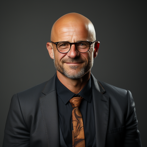 Friendly bald glasses person on a white background