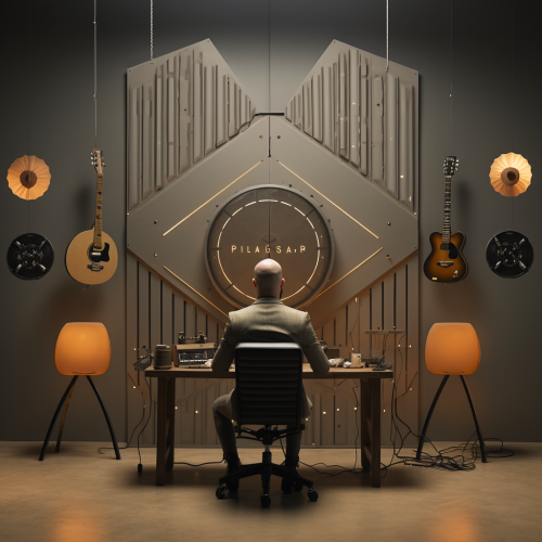 Bald man sitting in office chair with table and musical instruments
