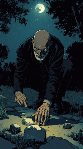 Old man in graveyard at night