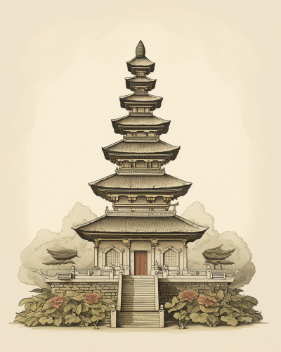 Bali Temple Postcard Drawing Minimalist