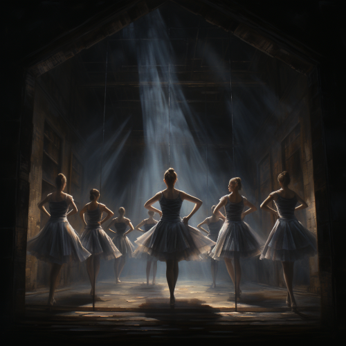 Ballet dancers stretching on dark stage