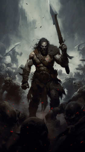 Brave Barbarian Wielding Sword, Fighting Orc Horde