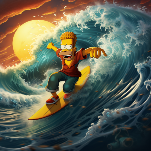 Cartoon Bart Simpson surfing a big wave