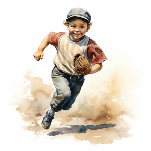 Little baseball player running in watercolor