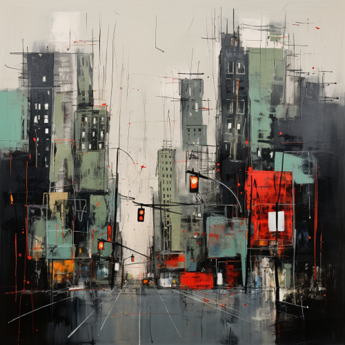 Basquiat-inspired cityscape with muted grey, green, and red tones Basquiat-inspired cityscape with muted grey, green, and red tones