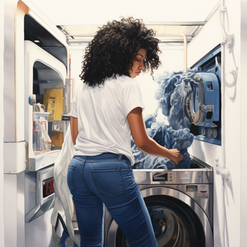 Woman Putting Laundry into Bathroom Machine