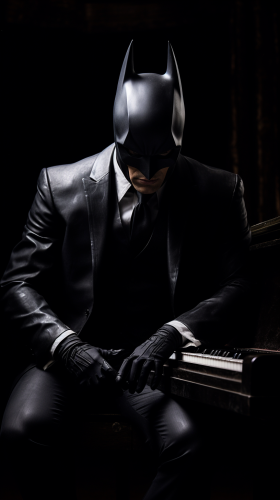 Batman passionately playing piano like a maestro